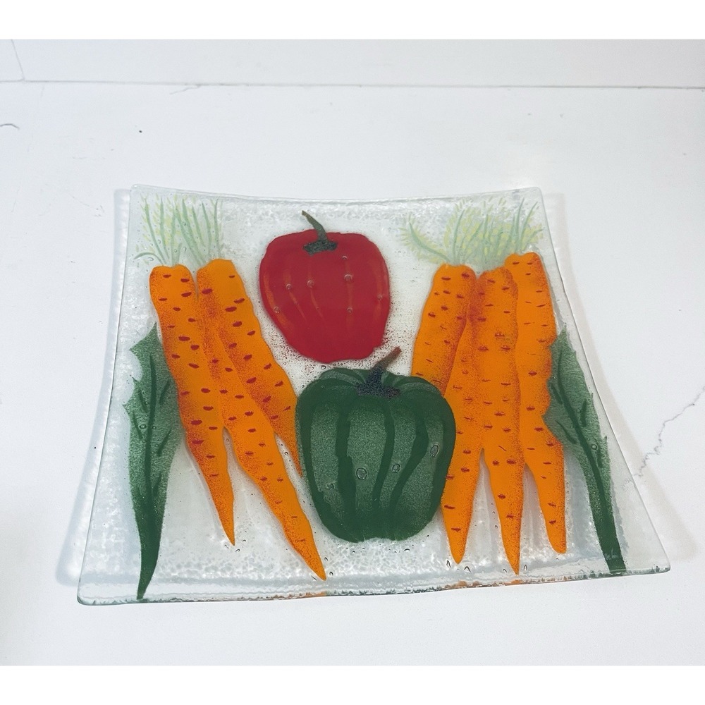 Fused Art Glass Display Plate: Carrots & Peppers Design,‎ Handcrafted USA, 9"